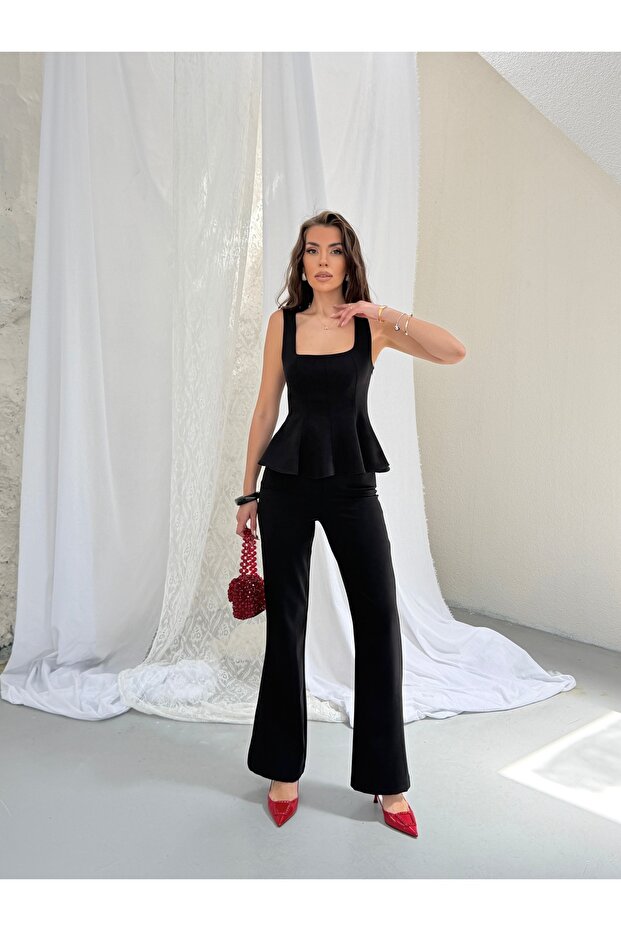 Women's Black Square Neck Blouse and Pants Two-Piece Set