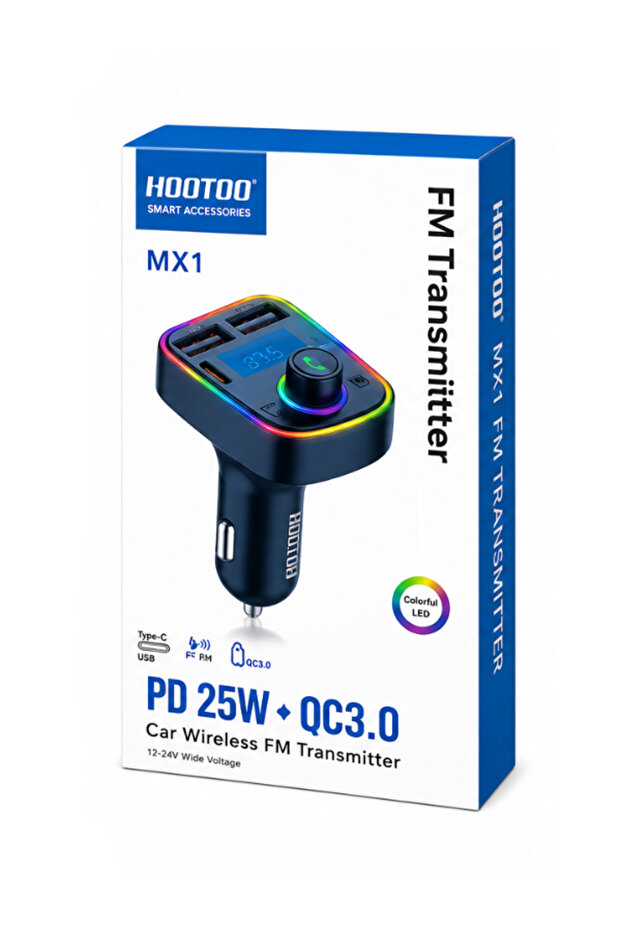 جهاز إرسال FM للسيارة MX1 ومشغل MP3 - شاحن سريع PD 25W + QC3.0 مع بلوتوث وإضاءة LED
