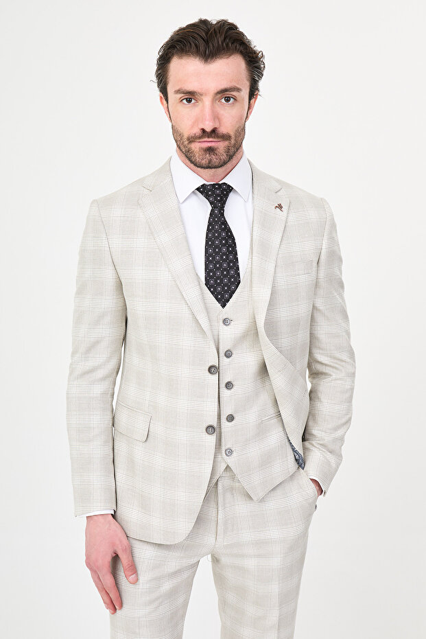 Plaid Slim Fit Mono Collar Classic Men's Suit Beige - 45467.26Y