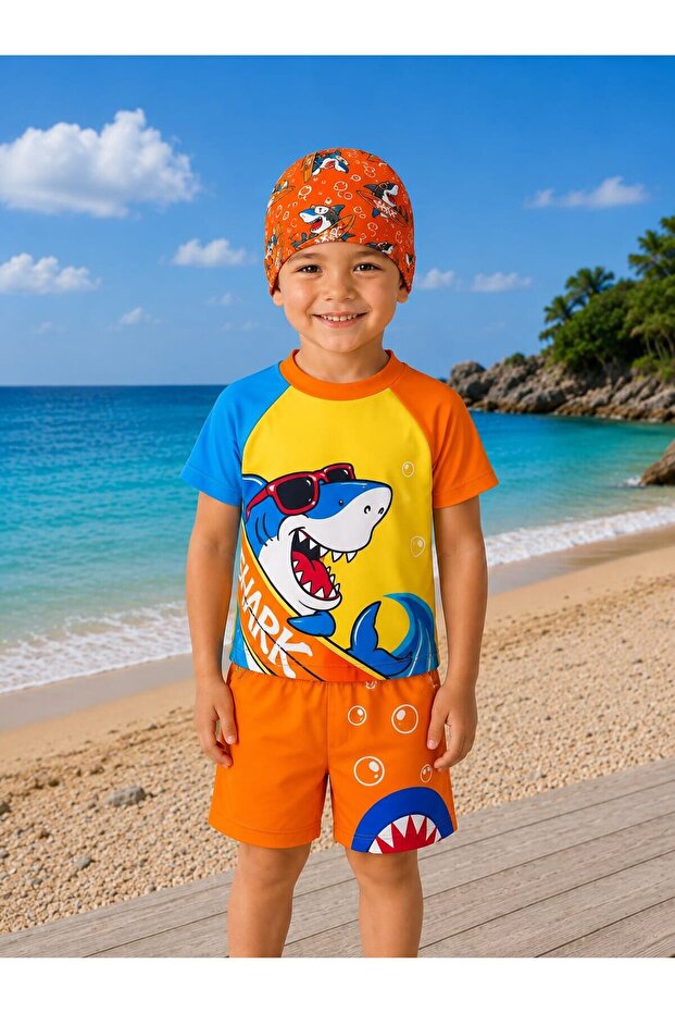 Boys' Dinosaur Patterned Swim Shorts Set – 3 Piece Swimsuit Set 12757
