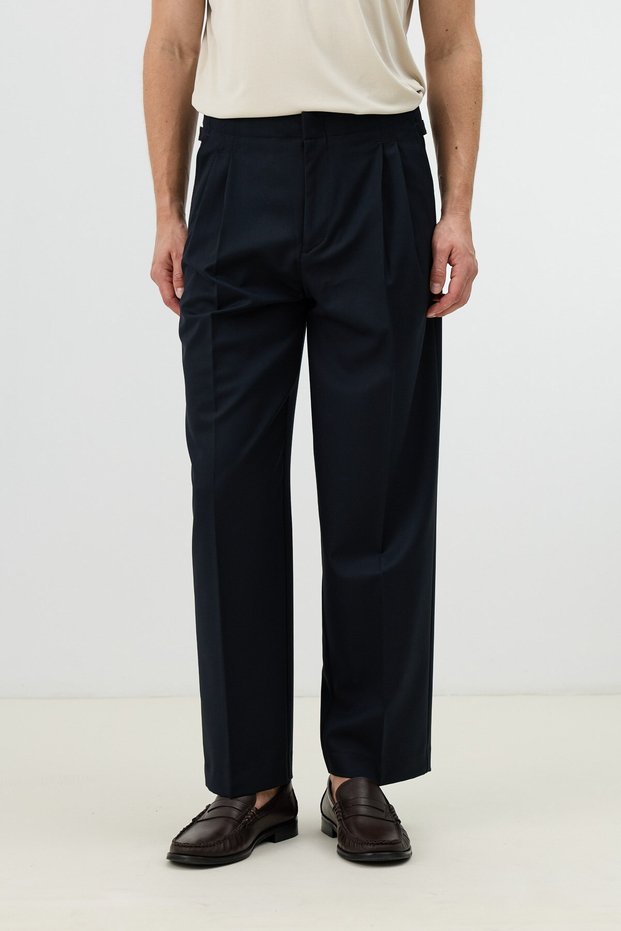 Navy Blue Double Pleated Men's Trousers with Buckle Detail