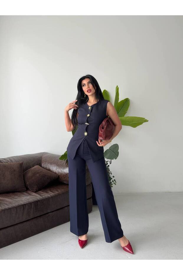 Women's Button Detailed Vest Trouser Set Stylish Two-Piece Set