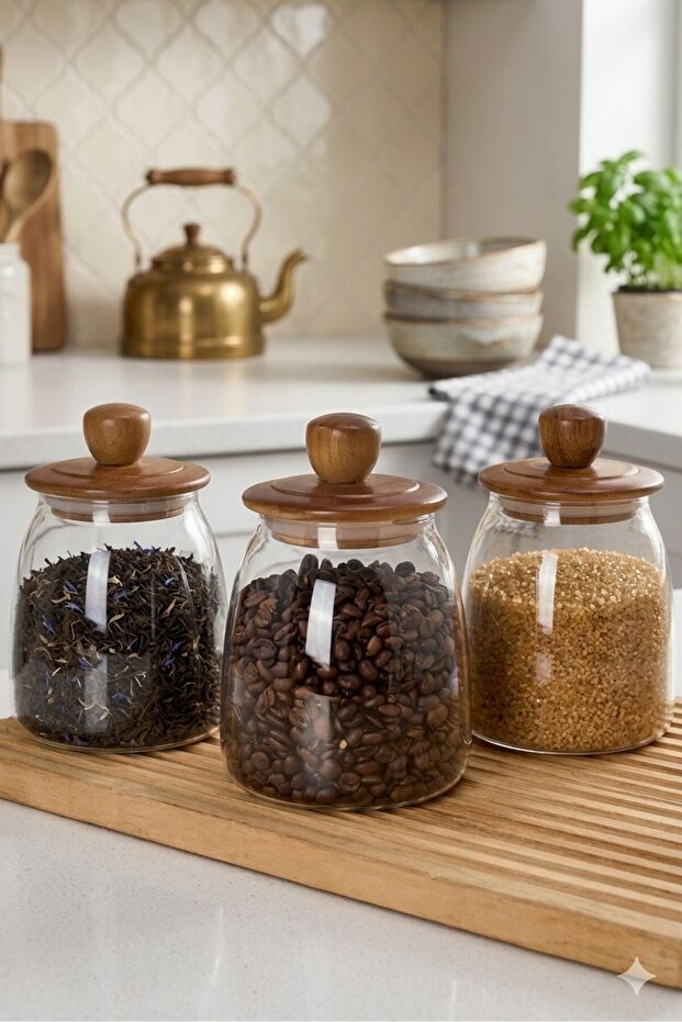 3 Pieces of Herry Borosilicate Conical Glass Jars with Acacia Lids 950 ml