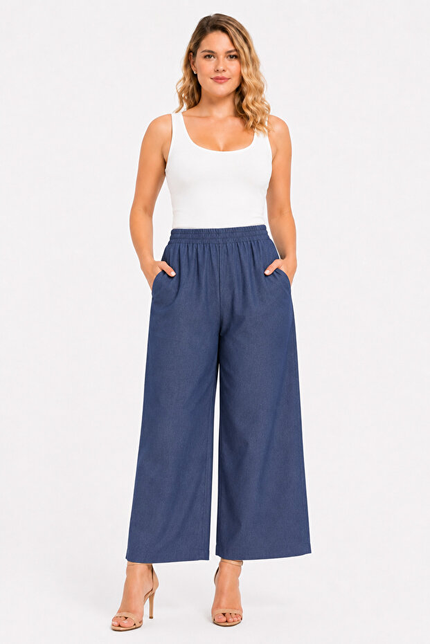 Women's Plus Size Indigo, Elastic Waist Pockets Relaxed Fit High Waist Pants 65N39459