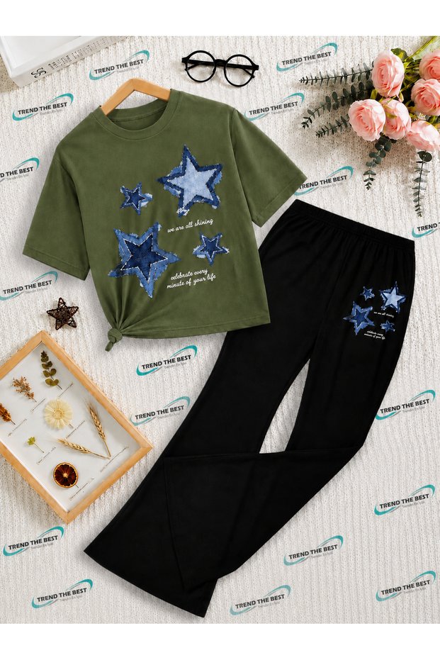 Summer Black Spanish Flared Pants and T-Shirt, Star Print Design Kids Girls Set