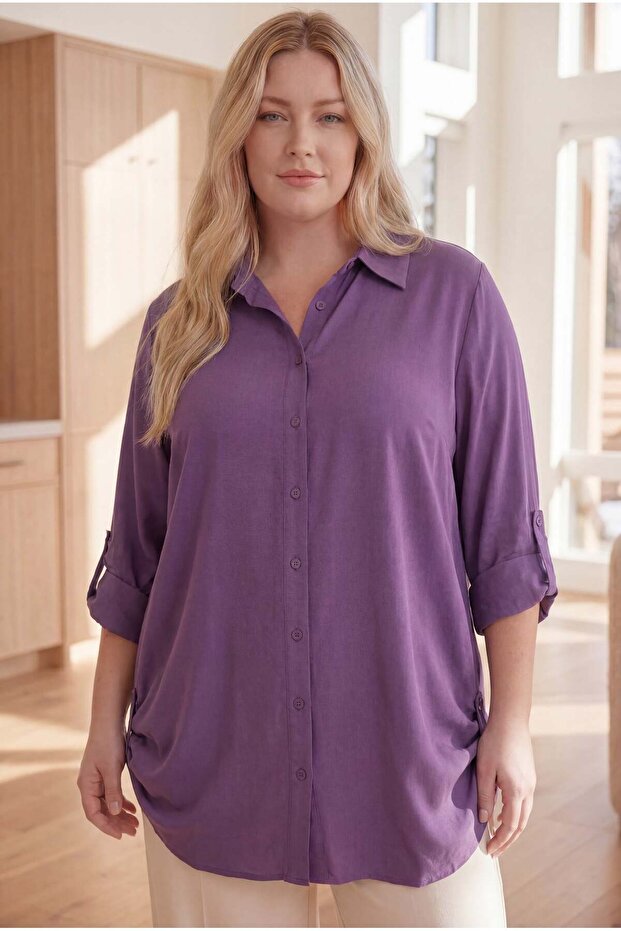 Large Size Viscose Shirt with Side Epaulet Detail in Lilac