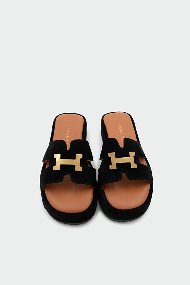 Sergio Genuine Leather Women's Black Slippers with Gold Accessories
