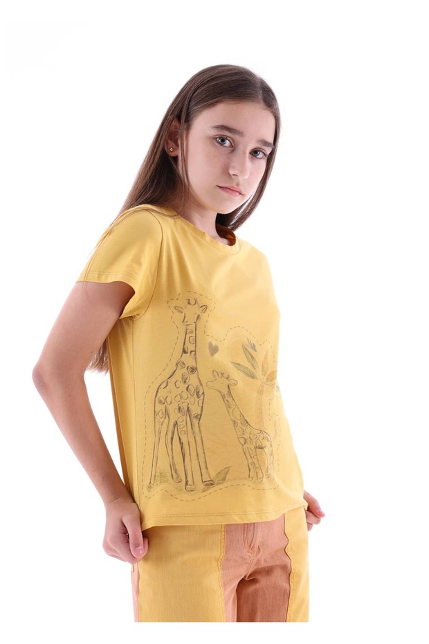 Organic Giraffe Printed Yellow Summer Girl's Tshirt