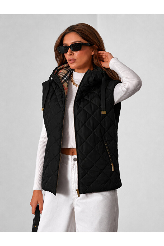 Women's Black Hooded Plaid Lined Quilted Puffer Vest