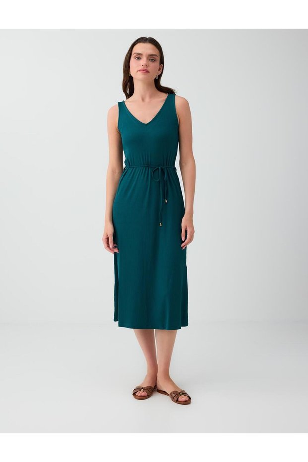 Dark Green V-Neck Midi Dress with Tie Detail