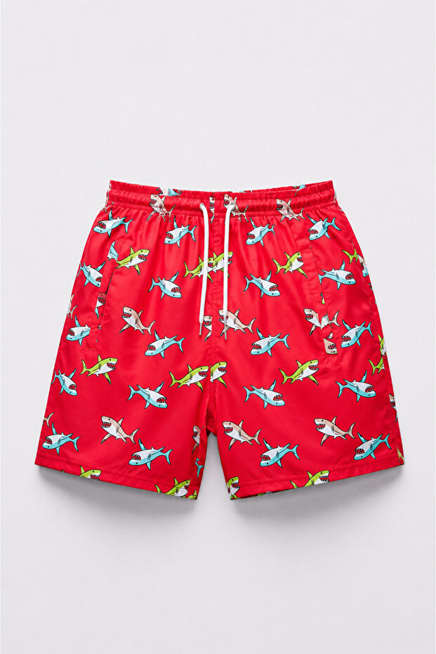 Boys' Colorful Shark Printed Swim Shorts with Zipper Pockets
