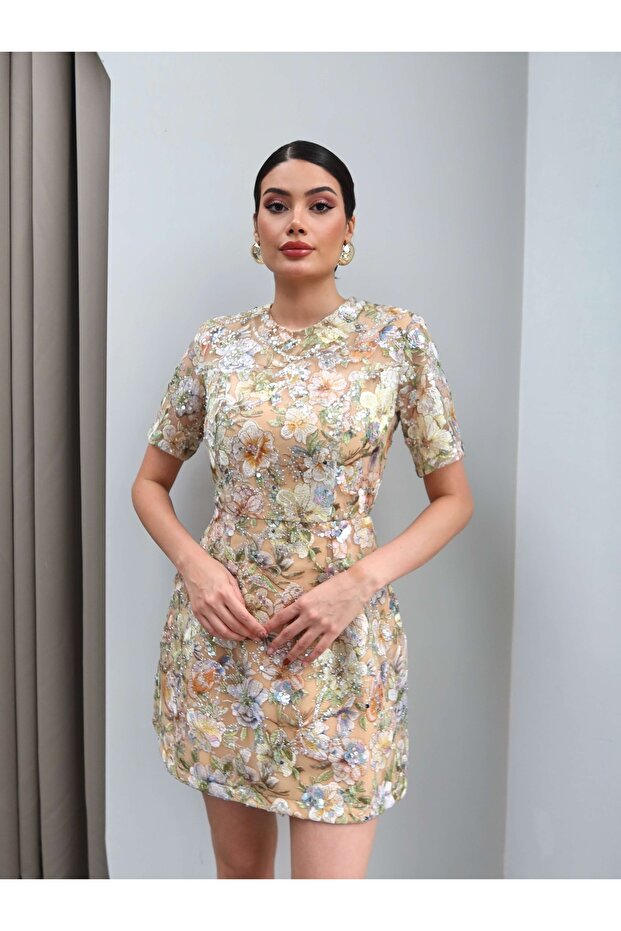 Padded Floral Embroidered Mini Dress