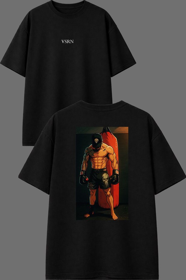 Crazy Boxer Design Front and Back Printed Black Oversize t Shirt