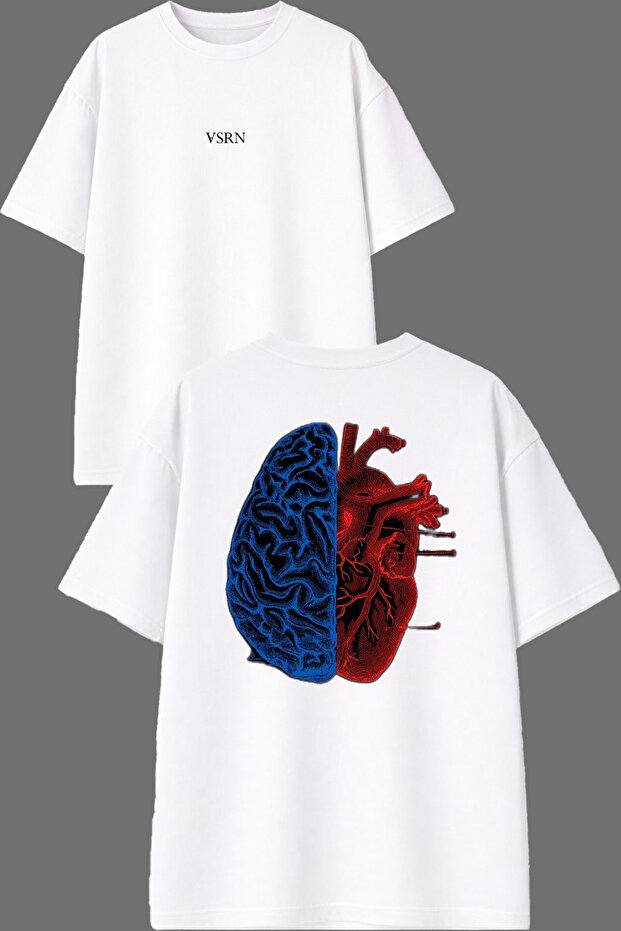 Brain Heart Design Front and Back Printed White Oversize T-Shirt
