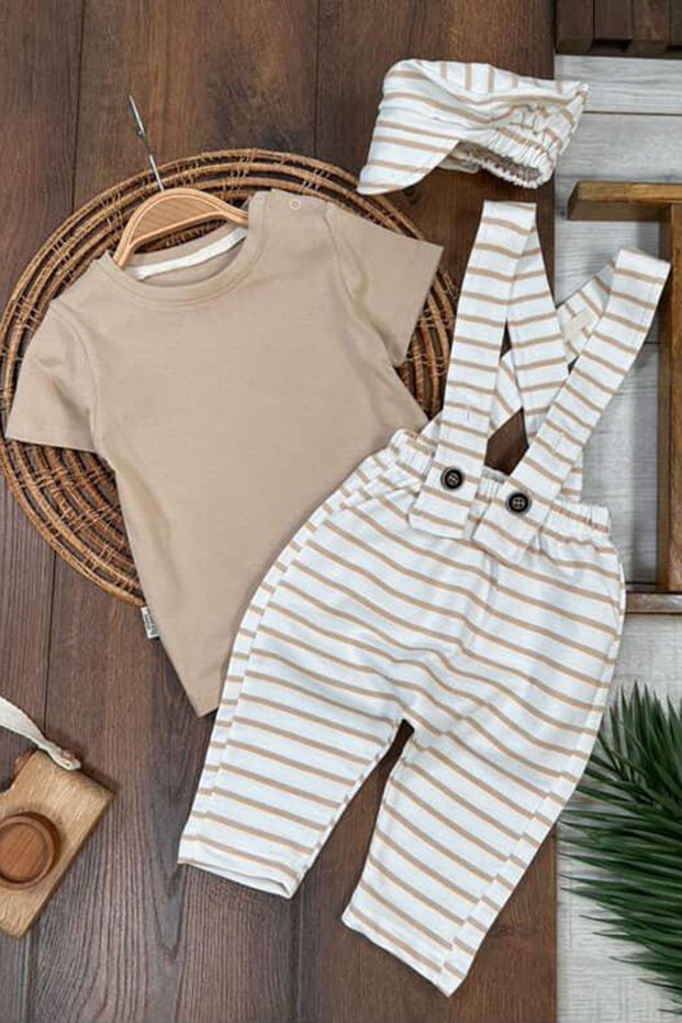 My Little One's Striped Slopet and Hat Baby Boy Set - Beige
