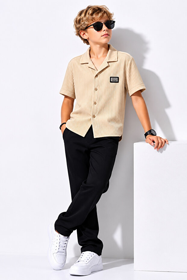 Boy's Regular Fit Striped Emblem Shirt and Trousers 2-Piece Set Ak2609