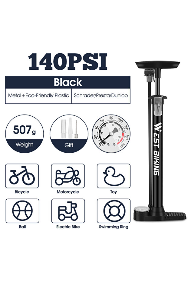 With Gauge Black WEST BIKING 160PSI Bicycle Air Pump Hand Pump High Pressure for Schrader/Presta Val