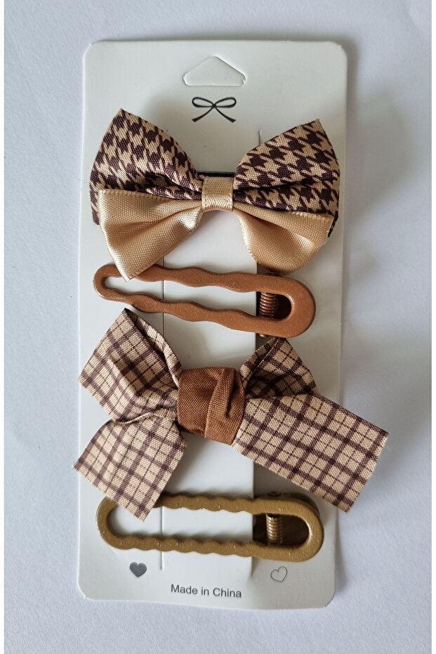 Cute Beige Coquette 4-Piece Bow Hair Clip Set - Polka Dot and Clover Pattern Snap Clip Combination