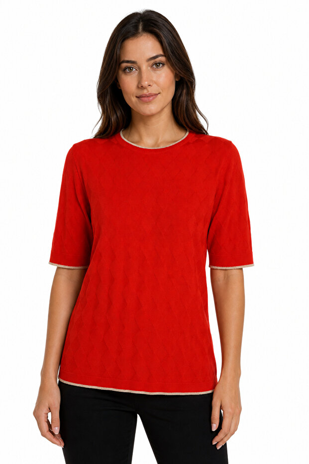 Women's Crew Neck Diamond Patterned Thin Knitwear Blouse Coral