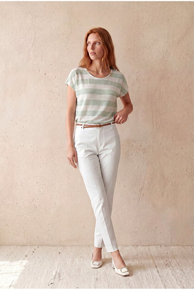 Women's Regular Fit Crew Neck Short Sleeve Ecru / Lime Green Striped Viscose / Elastane T-Shirt Wilda