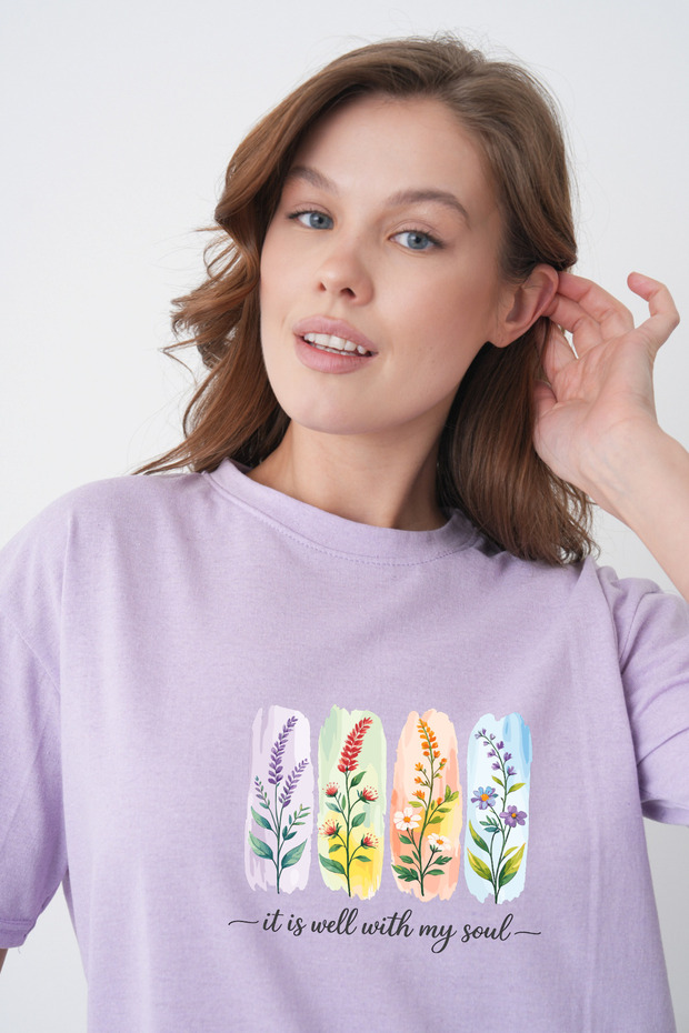 Women's Spring Themed Watercolor Effect Floral Printed Round Neck Lilac Casual T-Shirt