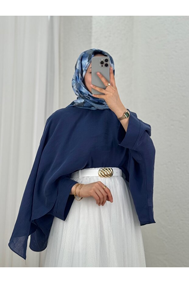Alis Front Shawl Bat Sleeve Blouse-Ml038 Navy Blue