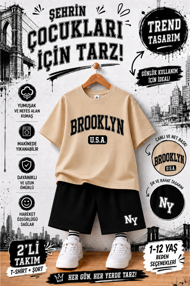 Brooklyn Printed Kids' Set – T-Shirt & Shorts 2-Piece Combination | Trendy Summer Set for Ages 1-12