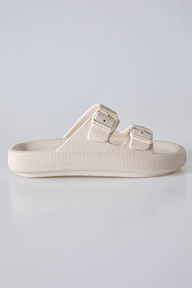 Beige High-Sole Double Buckle Men's Slippers -89302