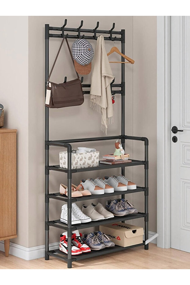 4-Layer Shoe Rack with 8 Hooks, Multifunctional Storage 80x25x154cm Black