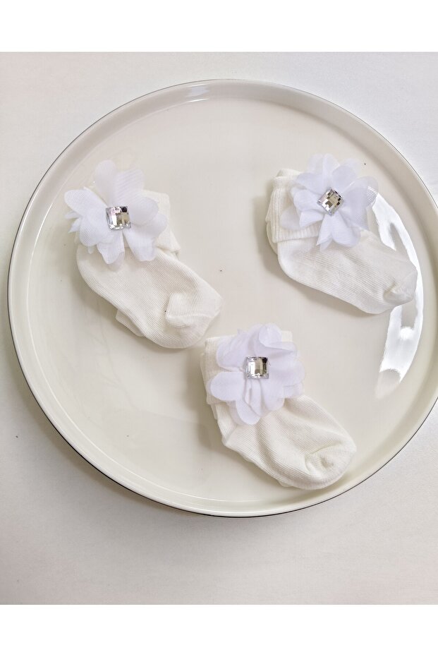 3-Piece White Decorated Baby Socks with Square Stones and Laser-Cut Roses