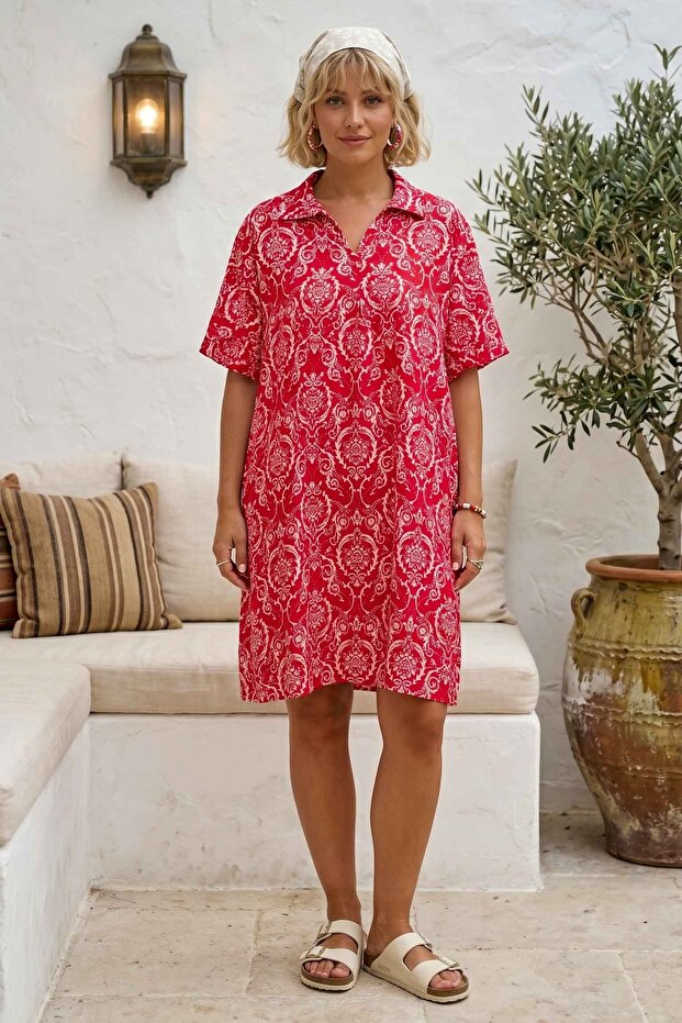 Fuchsia Shirt Collar Short Sleeve Patterned Casual Viscose Woven Dress 105 65