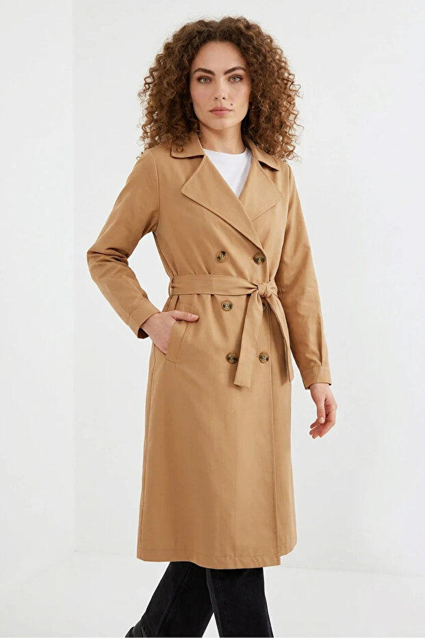 Women's Double-Breasted Collared Belted Tan Trench Coat