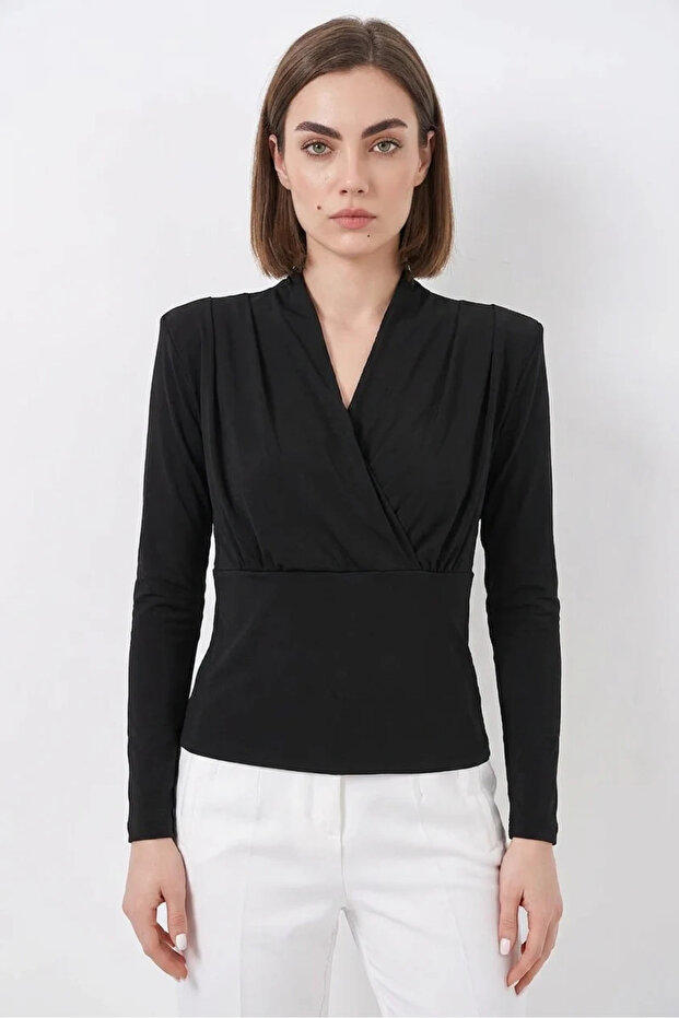 Women's Double-Breasted Collar Black Blouse with Shoulder Padding