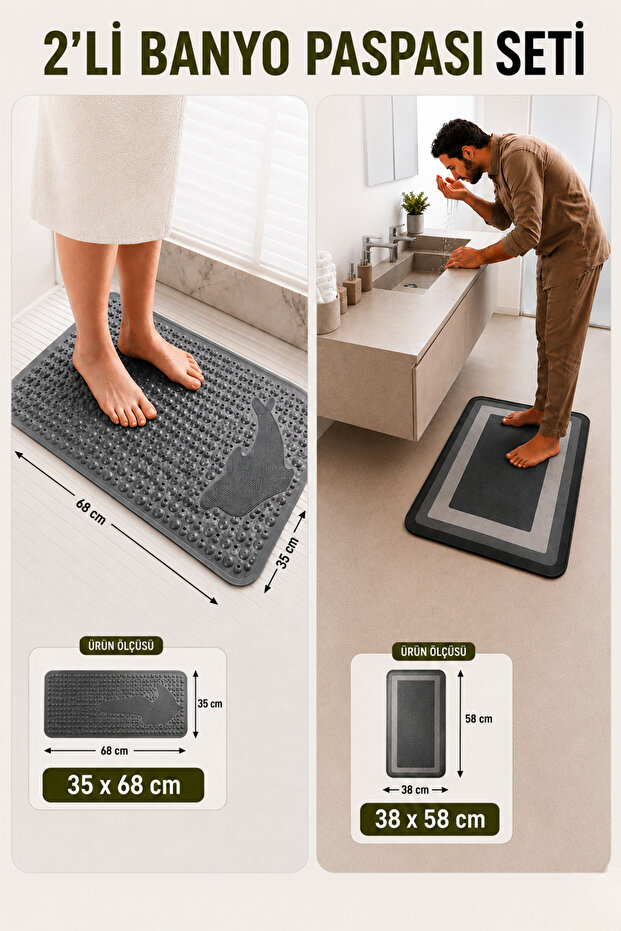 2-Piece Bathroom Mat Set - Massage-Enhancing, Non-Slip Base with Suction Cups, Quick-Drying Water-Absorbing Mat