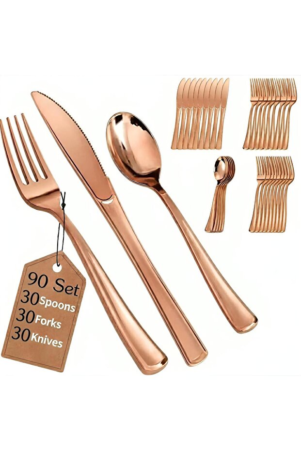 Premium Rose Golden Plastic Cutlery Set, 90 Pieces Flatware Collection Includes 30 Spoons,30 Forks and 30 Knives, Reusable Dining Tableware for Home Kitchen and Serving (90, Rose Gold)