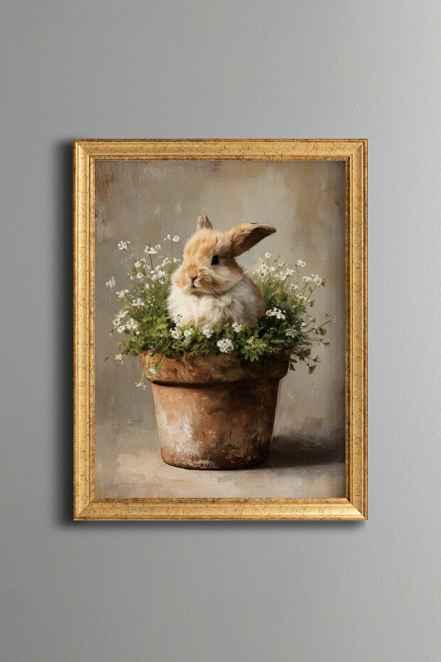 Cute Rabbit in a Flowerpot - Vintage Patterned Frame - Thin Model