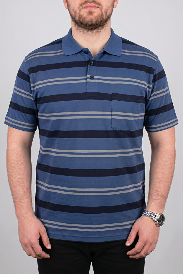 Men's Dad Striped Blue Polo Collar T-Shirt with Pockets Father's Day