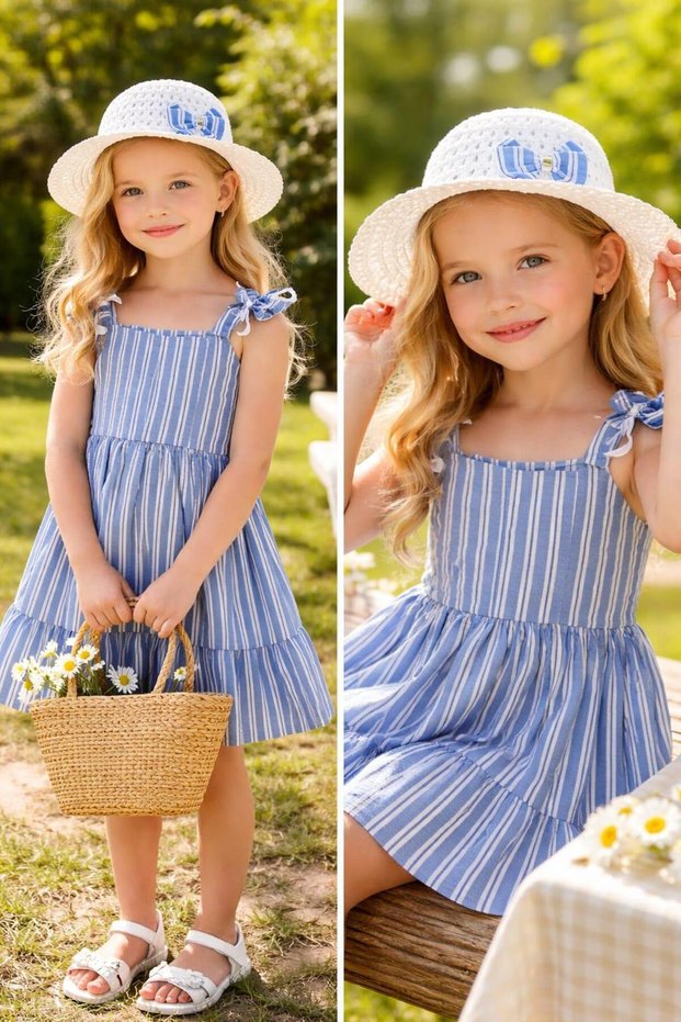Girl's Striped Strap Dress with Hat Gift Comfortable Fit Summer Dress