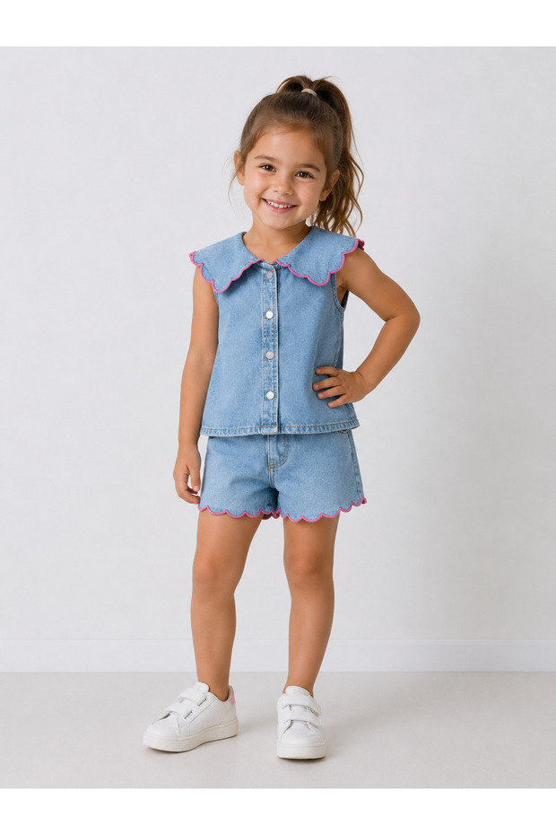 Girl's Ruffle Collar Denim Shorts Set - Summer Denim 2-Piece Set