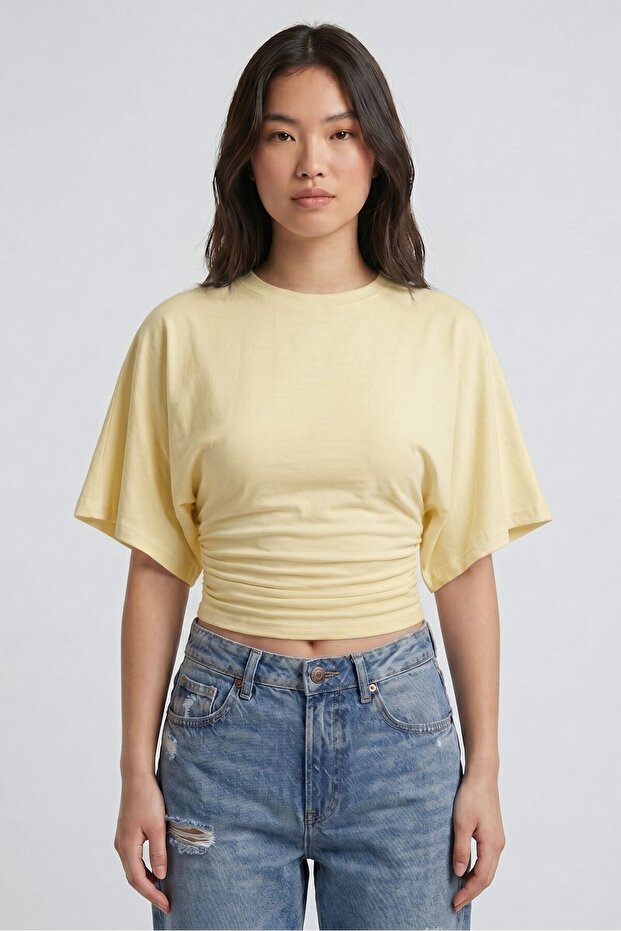 Yellow Crew Neck Gathered Waist Bat Sleeve Crop Blouse