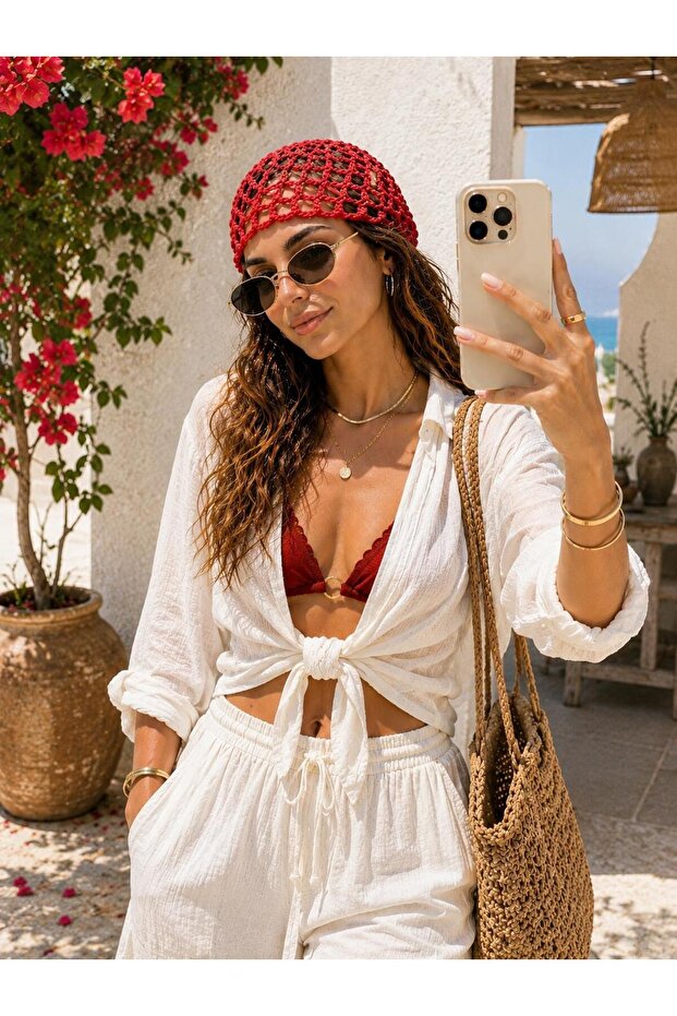 Hand Knitted Mesh Look Bandana Beanie