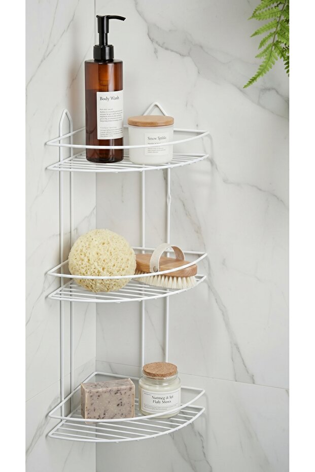 3-Tier White Adhesive Bathroom Corner Organizer, Shampoo Holder, Metal Corner Shower Shelf