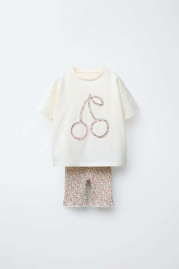 Girl's Cotton Cherry Detailed T-Shirt Floral Leggings Set