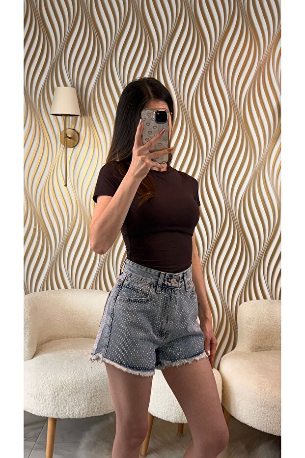Stone Printed Denim Shorts Skirt
