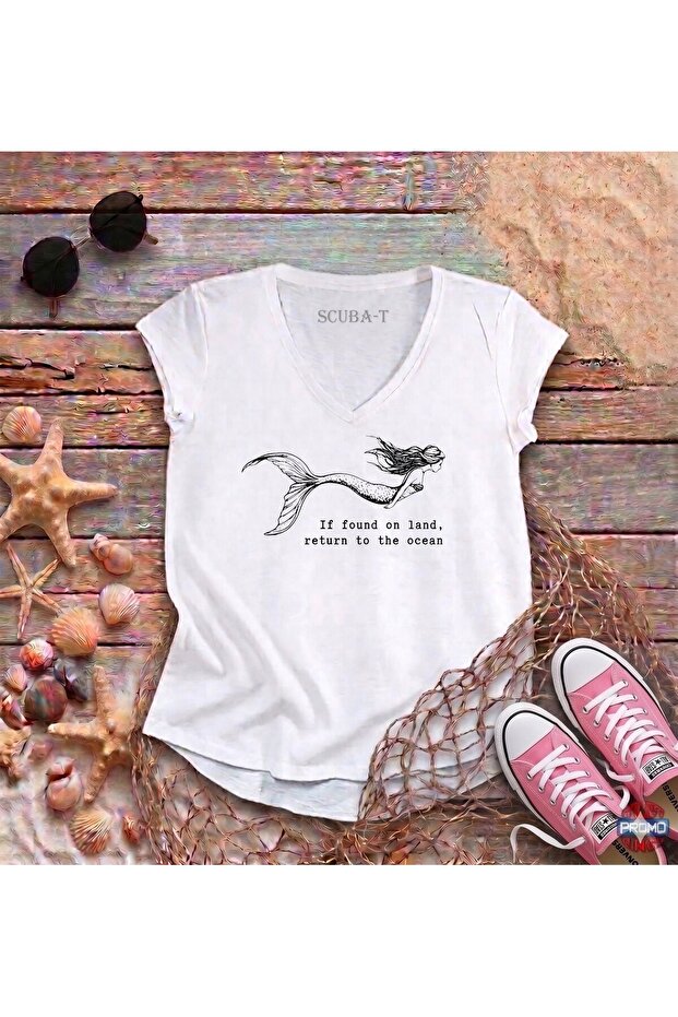Mermaid Printed White V-Neck Flared Cotton T-Shirt