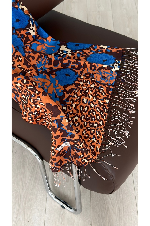 Wild Rose Patterned Silk Shawl Red Copper - 4
