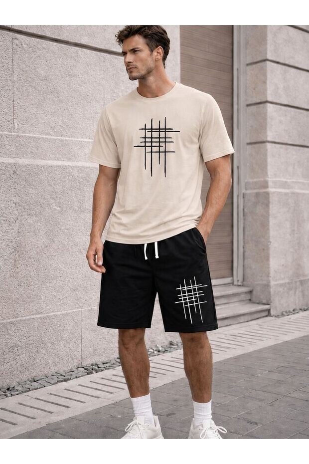 2022.5 Unisex Oversize Shorts T-Shirt Set – Minimal Line Patterned Summer Casual Combination