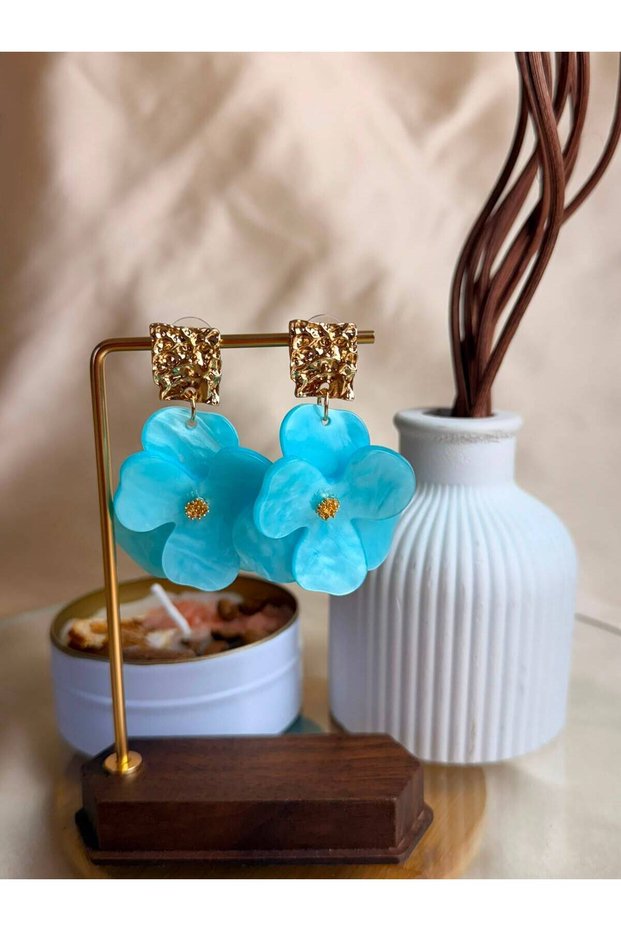 Steel Women's Earrings with Blue Flower Design Gold Color Hanging Earrings
