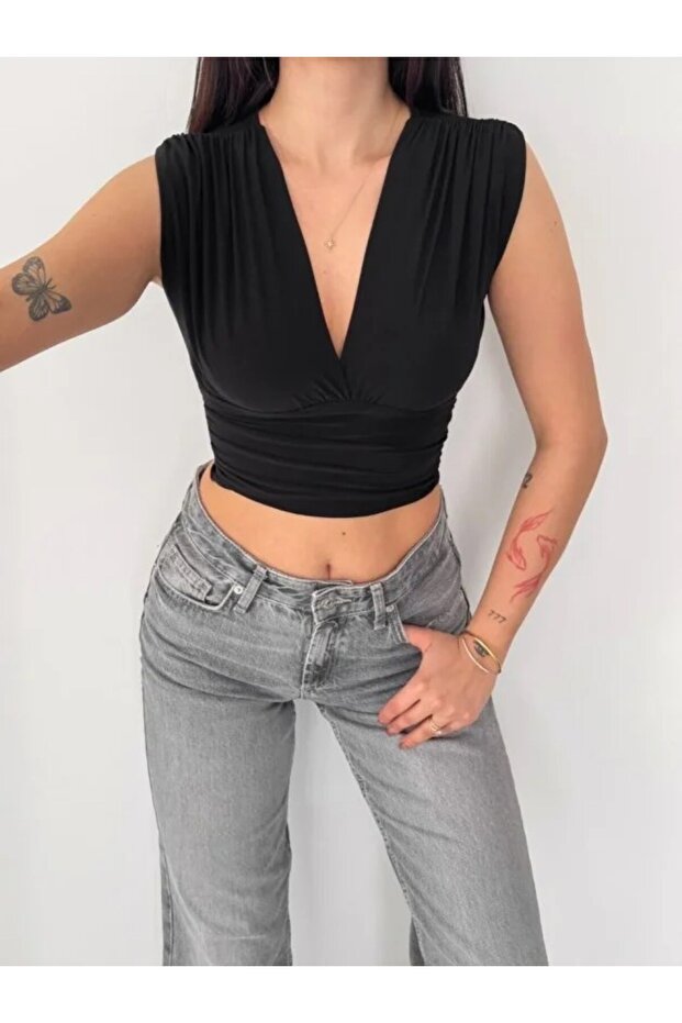 Padded Sleeveless V-Neck Draped Crop Blouse Lycra Fit - Black
