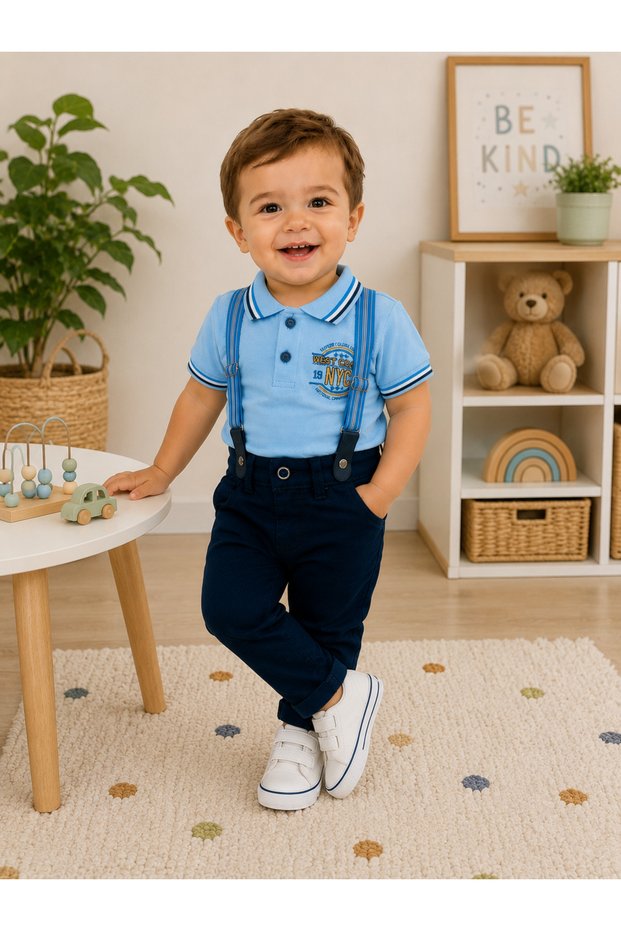 Baby Boy Strappy Suit Polo Collar T-Shirt 3-Piece Set Navy Blue Stylish Combination